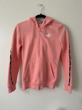 Puma Coral-Pink Full-Zip Hoodie with Sleeve Logo Tape